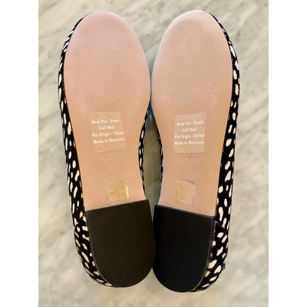 J. Crew Andi Strappy Ballet Flats Black White Printed Calf Hair New‎ in Box 9.5